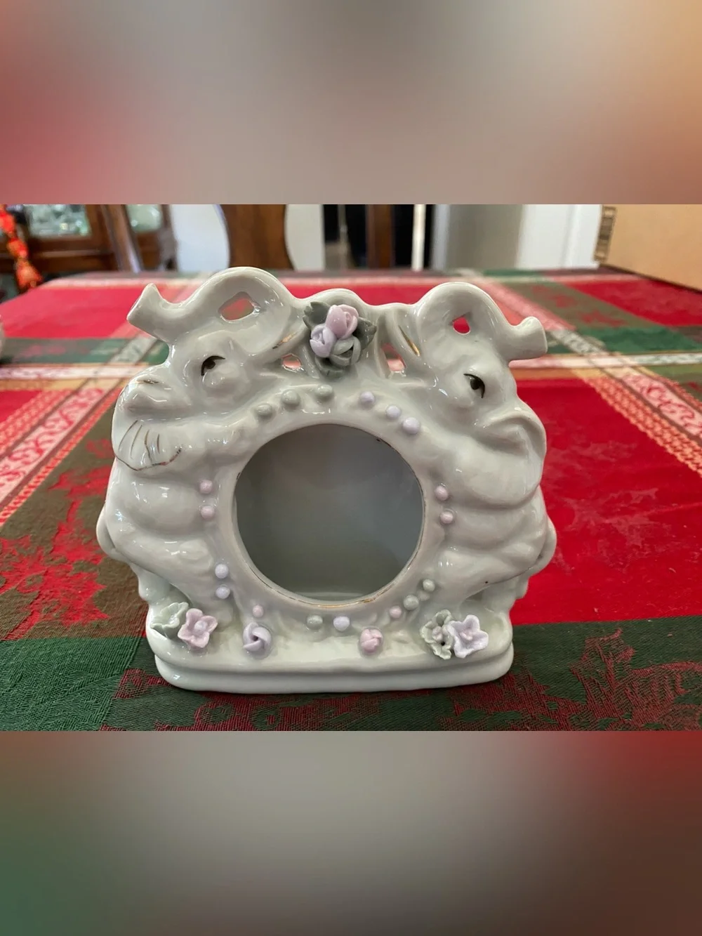 Vintage Loving Elephants White Ceramic Photo Frame with Pink Accent Flowers 5”